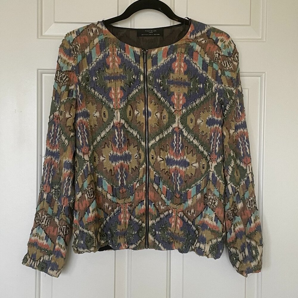 Zara Beaded Trophy Jacket with Multicolored Batik Fabric and Front Zip - Size M